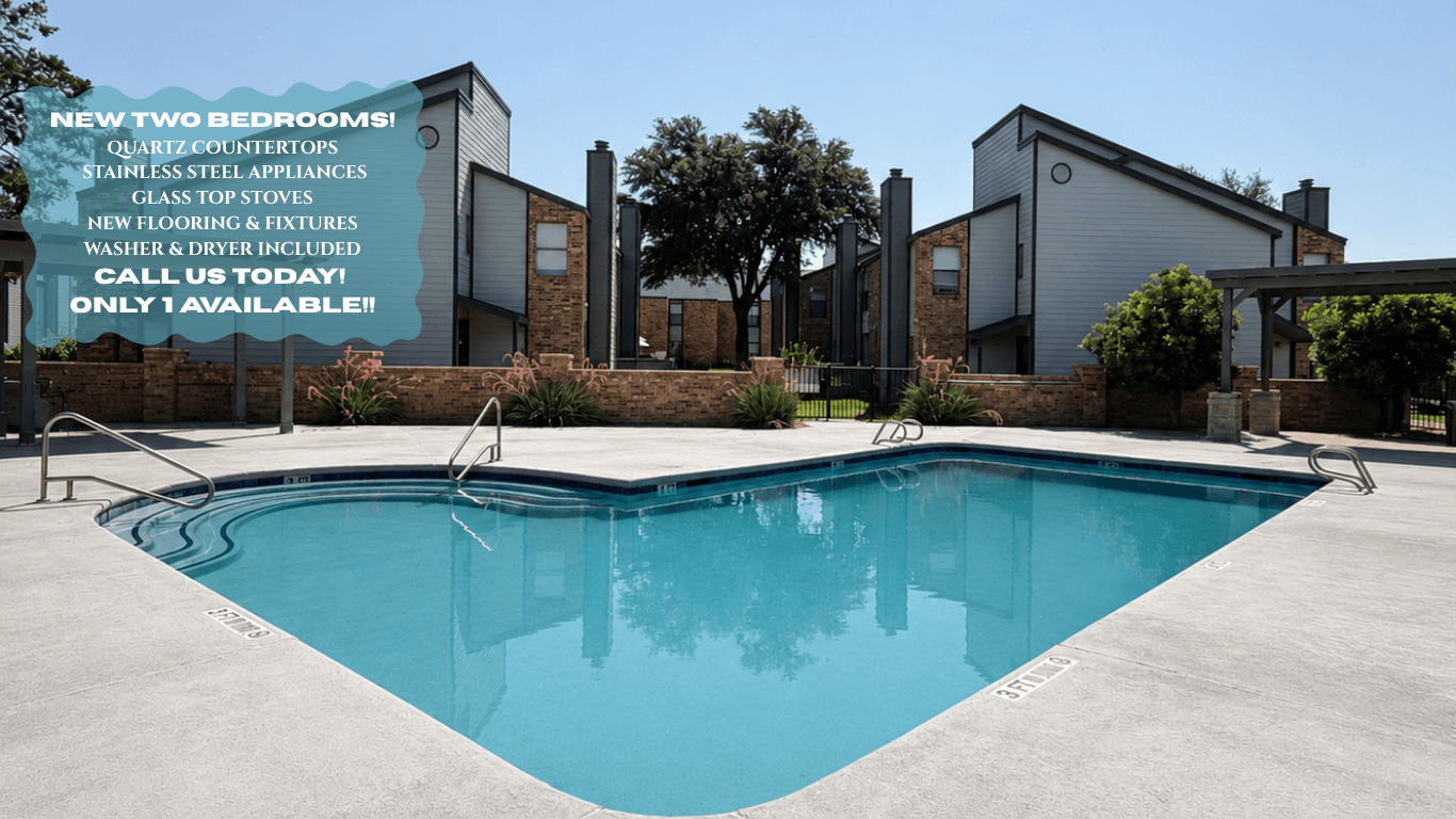 A swimming pool in front of a house with a sign advertising new bedrooms and flooring.